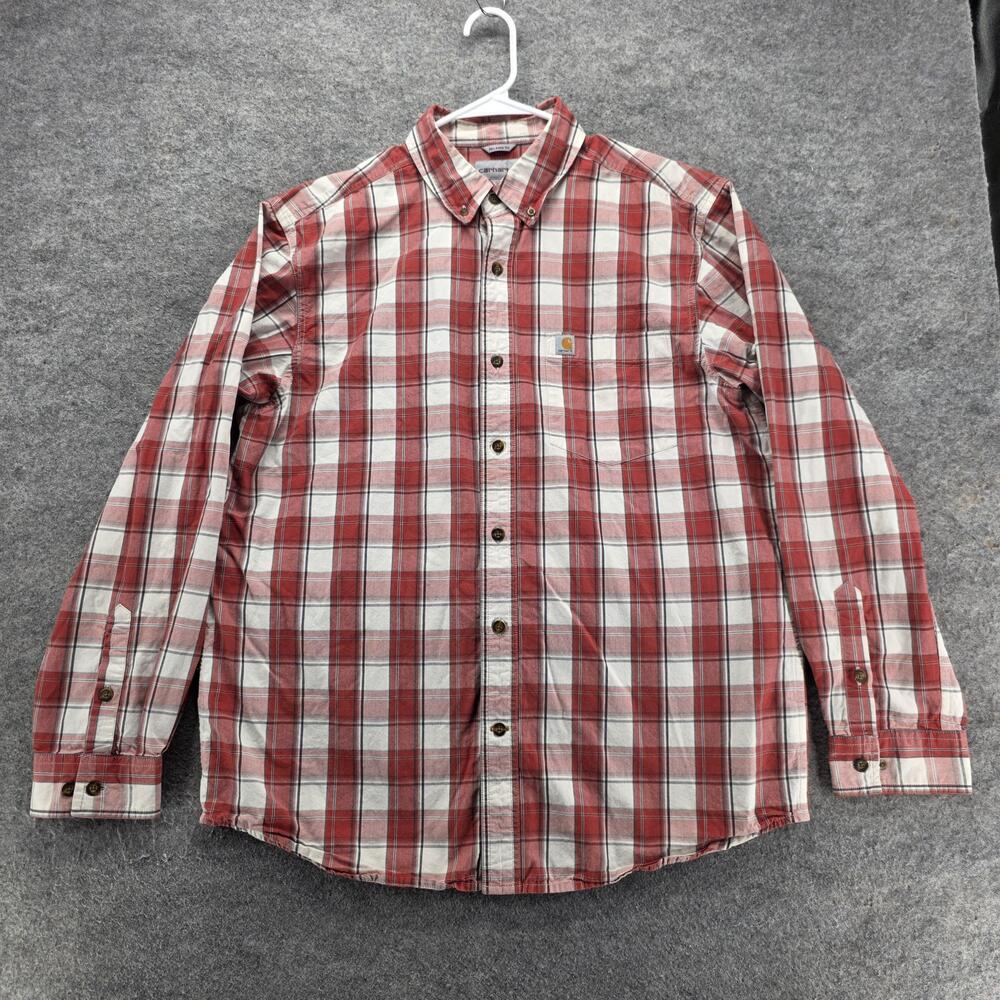 Carhartt Shirt Mens L Red Plaid Long Sleeve Button Up Relaxed Fit Pockets Cotton
